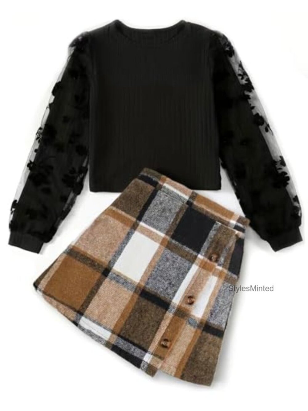 Girls 2-Piece Skirt Set Long Sleeve Rib Knit Top & Mini Skirt Outfit